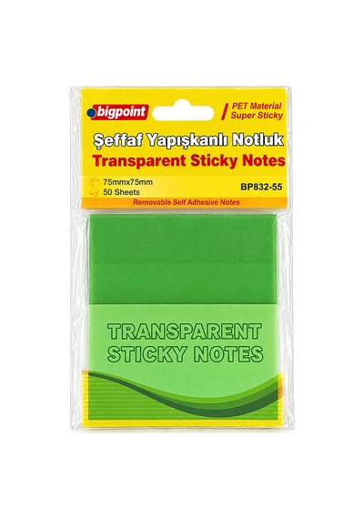 Bigpoint Pet Yapışkanlı Şeffaf Notluk 75x75mm Yeşil X 12 Adet