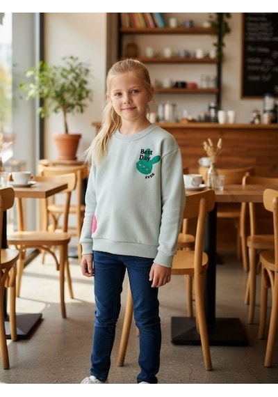 Kız Çocuk Pamuklu Tavşan Desenli İnce Uzun Kollu Sweatshirt-16335 Yeşil