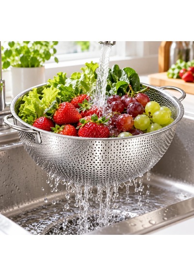 Premium Paslanmaz Çelik Küçük Mutfak Süzgeci, Çift Kulplu Metal Pirinç Yıkama Kabı, Isıya Dayanıklı Delikli Meyve Ve Sebze Süzme Kasesi 25 Cm