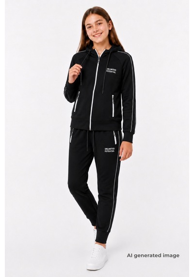 Pina Kids Kız Çocuk Scuba Unlimited Çift Şeritli Kapüşonlu Reglan Kol Dalgıç Kumaş Eşofman Takımı Esf7023 siyah