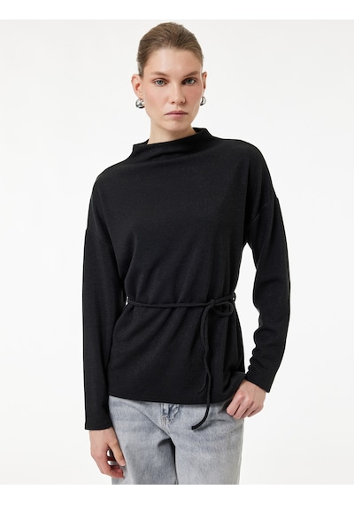 Koton Regular Fit Uzun Kollu Dik Yaka Kemerli Kazak Siyah 6wak30105ek