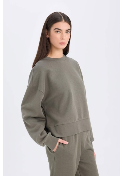 DeFacto Boxy Fit Bisiklet Yaka Kalın Basic Düz Sweatshirt B8568AX24WNKH422 Haki