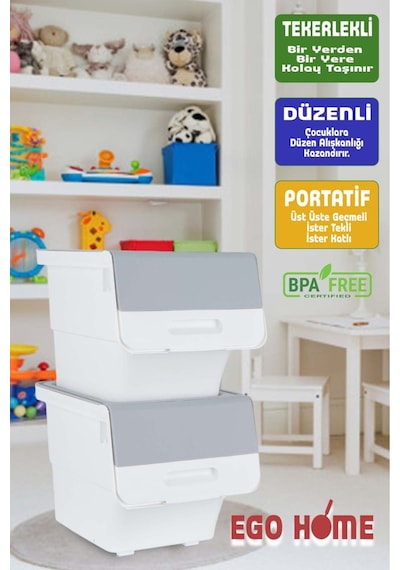 2li Tekerlekli Oyuncak Düzenleme Dolabı Kapaklı Saklama Kutusu Oyuncak Sepeti Çok Amaçlı Mote 24 Lt Gri