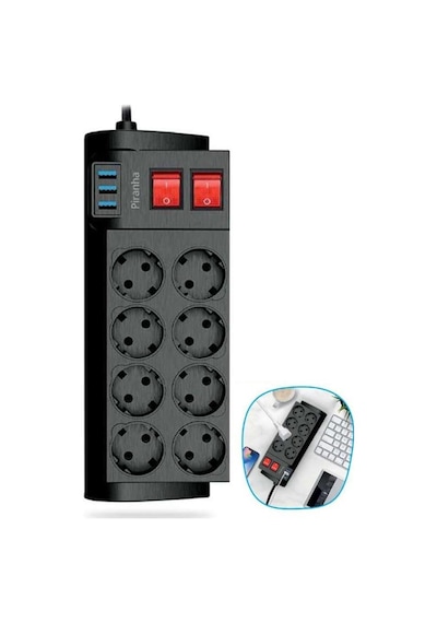 Isıya Dayanıklı Termal Akım Korumalı 2 Metre 16a 4000w 8li Priz Ve 3 Usb Li Uzatma Kablosu 0-2