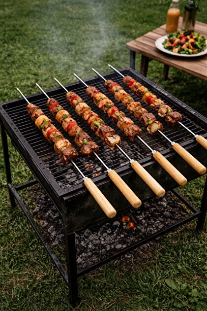 Metal Şiş Seti 6 Adet 32cm Ahşap Saplı Mangal Şiş Takımı Barbekü Şişi Çelik Şiş
