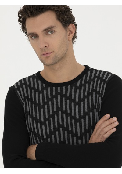 Cacharel Siyah Slim Fit %100 Pamuk Bisiklet Yaka Triko Kazak