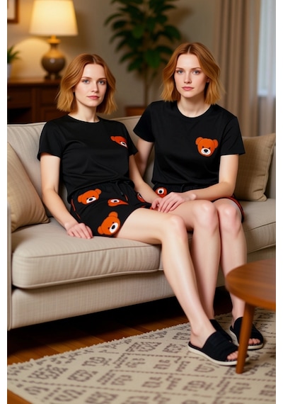 Frm Ayıcık Baskılı Çocuk Lounge Pijama Takımı Fonksiyonel Dayanıklı K Siyah