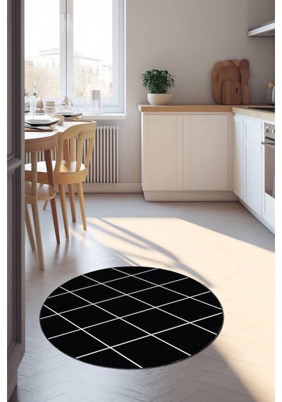 Siyah Kaymaz Tabanlı Yuvarlak Modern Mutfak Halısı Ar1475n11