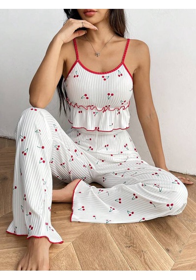 Gazaniga Kadın Beyaz Likralı Desenli Askılı Gecelik Pijama Takımı Chery