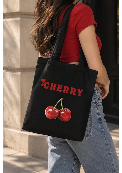 Lunora Collection Cherry Kiraz Baskılı Siyah Körüklü Kanvas Bez Çanta