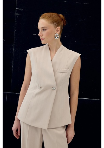 Sateen Anna Çizgili Yelek - Bej-137102 Bej