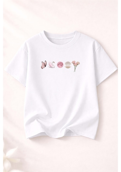 Herkesemoda Minimal Baskı Detaylı Kadın Bisiklet Yaka Pamuklu T-shirt Beyaz