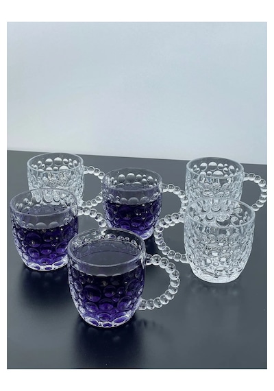 6 Lı Cam Kulplu Desenli Kupa Meşrubat Kokteyl Bardak 300ml