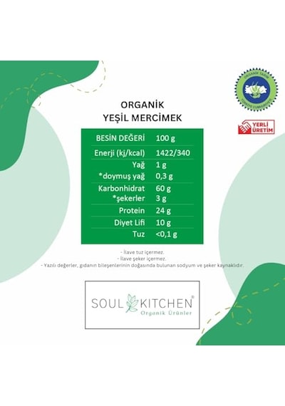 Soul Kitchen Organik Yeşil Mercimek 750 Gr