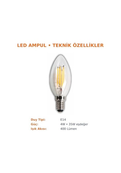 Led Rustik Mum Buji Ampul E14 Duy, 4w 35w Eşdeğer , 3000k Günışığı, 400 Lümen 220-240v, 3.5x10 Cm 10 Lu Paket
