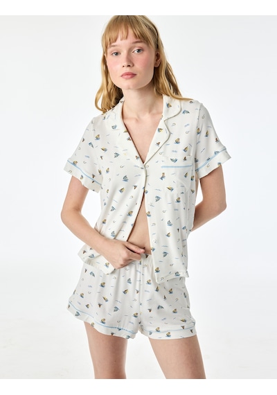 Koton Modal Kumaş Rahat Kalıp Kısa Kollu Gömlek Yaka Şortlu Pijama Takımı Ekru Desenli 6slk40124mk Koton Modal Kumaş Rahat Kalıp Kısa Kollu Gömlek Yaka Şortlu Pijama Takımı Ekru Desenli 6slk40124mk