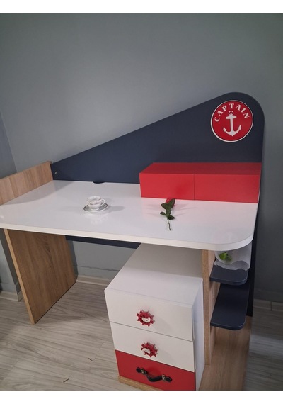 Çalışma Masa Dümen 90647 Mavi Kırmızı Renk Uyumu 1. Sınıf Suntalam Demonte Beyaz