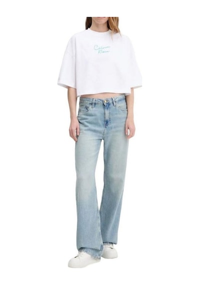 Kadın Cropped Boxy Fit Zincir Dikiş Logolu T-shirt - Beyaz-8784 Brilliant White