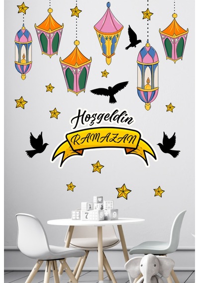 Hoşgeldin Ramazan Renkli Fener Sarkıt Kuşlar Dekoratif Cam Duvar Sticker Seti