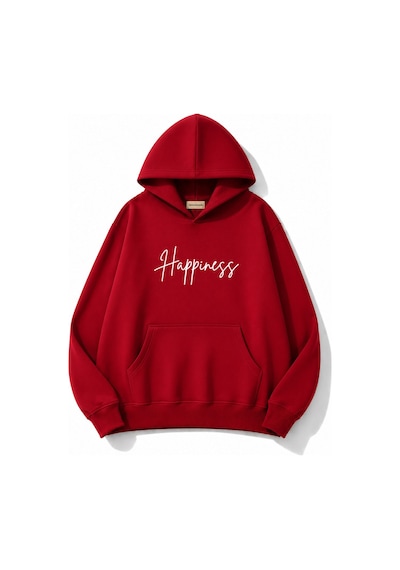 Herkesemoda Happines Baskılı Kapüşonlu 2 İplik Şardonlu Sweatshirt Kırmızı