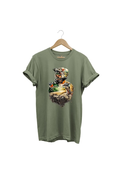 Bisiklet Dağ Tırmanışı Kask Ve Bisiklet Orman Detay Tasarım Basklılı %100 Pamuk Regular Fit T-shirt Haki