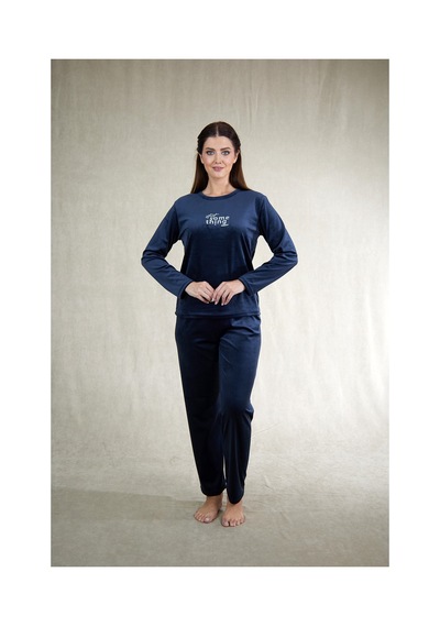 Estiva Kadın Something Yazılı Kadife Pijama Takımı Lacivert