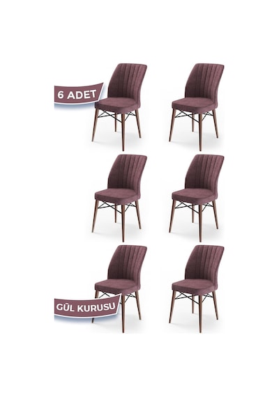 Canisa Flex Serisi, Üst Kalite Yemek Odası Sandalyesi, 6 Adet Gülkurusu Sandalye, Gürgen Ceviz Ahşap Ayak Sandalye Gülkurusu Ayakları Ceviz