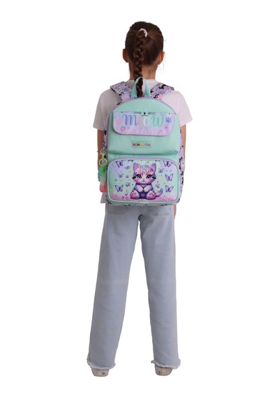 Kaukko Kids Kız Çocuk Mor Kedi Desenli Okul Çantası - Yeşil - Mor - Meow - L5288 Çok Renkli