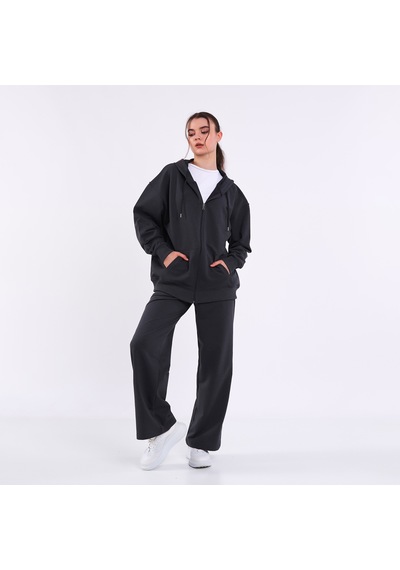 Mmetalic Kadın Antrasit Normal Kalıp Basic Beli Lastikli Kapüşonlu Oversize Mevsimlik Alt Üst Eşofman Takımı