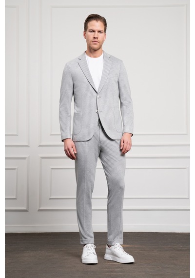 Morven Erkek Gri Poliviskon Trend Örme Çizgili Slim Fit Mono Yaka Takım Elbise 25ms001013100 Gri