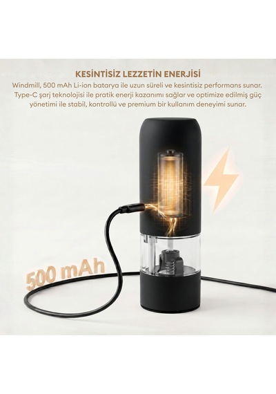 Pizen Windmill Usb Şarjlı Otomatik Baharat Öğütücü Led Işıklı Ayarlanabilir Tuz Karabiber Değirmeni Siyah