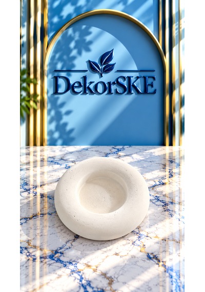 Dekorske - Taş Tozu Yuvarlak Tealight Mumluk - 8x8 Cm - El Yapımı Dekoratif Mumluk Ve Şık Ev Dekoru Beyaz