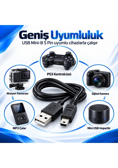 Ps3 Dualshock Şarj Kablosu 1.5 Metre Mini Usb 5 Pin Playstation 3 Oyun Kolu Şarj Data Kablosu