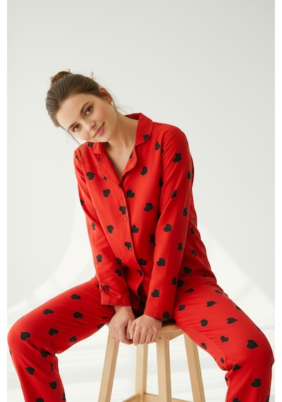 Süet Gömlek Pijama Takımı 7107 Kalpli Kırmızı Kırmızı