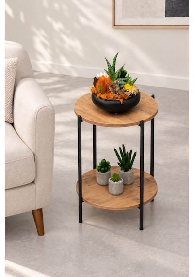 Sehpol Yuvarlak Tablalı İki Raflı Sehpa Q42x60 Cm Antrasit - Atlantik Çam