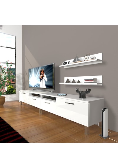 Decoraktiv Eko 220r Slm Krom Ayaklı Tv Ünitesi Tv Sehpası Parlak Beyaz