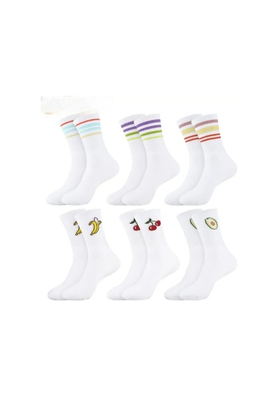 Hitit Socks Kadın 6 Çift Premium Kalite Renkli Çizgili Ve Meyve Desenli Nefes Alabilen Tenis Çorabı Beyaz
