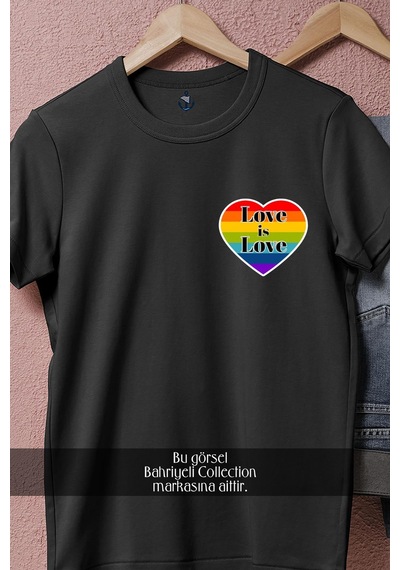 Oversize Lgbt Love İs Love Cep Tasarımlı Unisex T-shirt Siyah
