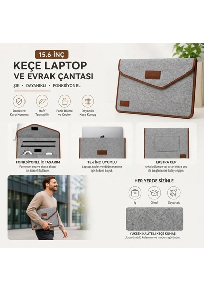 Ergonomik Gri Cırt Cırtlı Keçe Laptop Ve Evrak Çantası 15.6 İnç Sarı