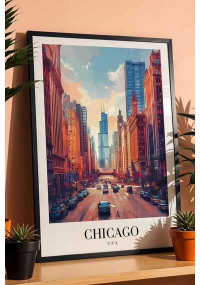 Chicago Usa City Architecture Vintage Poster Çerçeveli Tablo - Premium Şehir Elit Duvar Dekoru Siyah