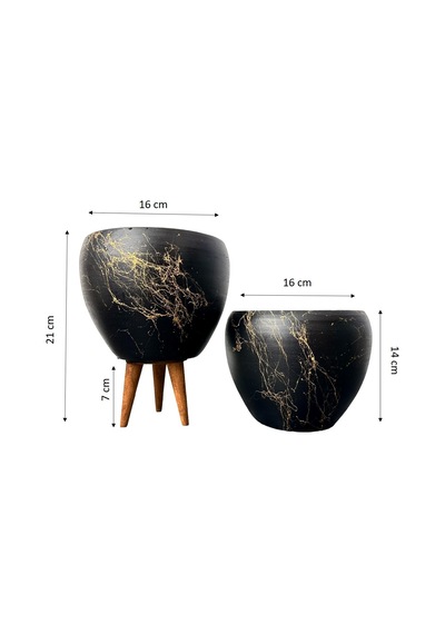 Bitki Tasarımı Ev Dekorasyon Siyah Üzeri Gold Mermer Efektli Toprak Saksı Saksılık Salon Çiçeklik İkili Set Ayaksız - 3 Ayaklı- 15 Cm