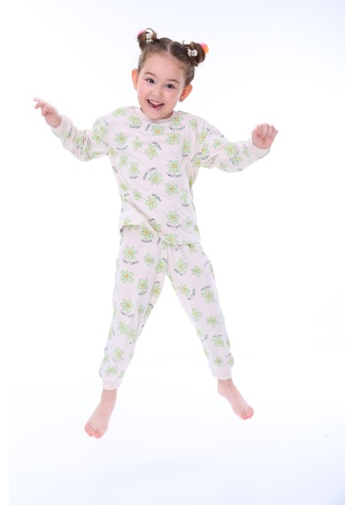 %100 Pamuk Çiçek Desenli Uzun Kollu Kız Çocuk Pijama Takımı 3,4,5,6,7,8 Yaş Yeşil
