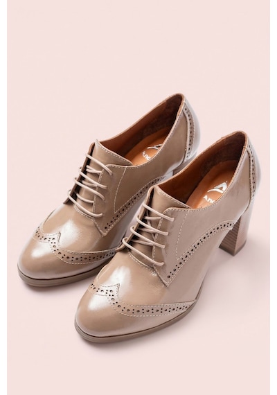 Analin Shoes Kadın Hakiki Deri Bağcıklı Oxford Topuklu Ayakkabı Vizon Rugan