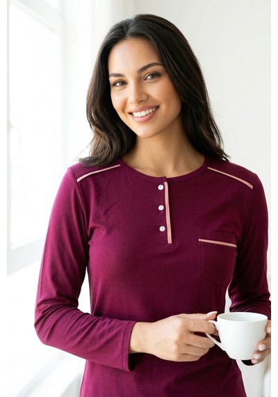 Aura Collections Kadın Pamuklu Uzun Kollu Üç Düğmeli Biyeli Soft Örme Pijama Takımı Mor