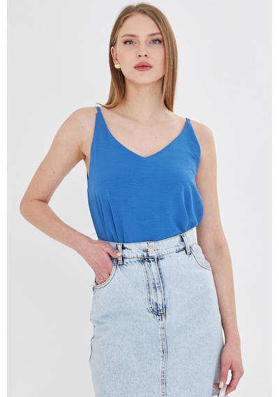 Armonika Kadın Mavi Keten Görünümlü Askılı Bluz Arm-24y001064