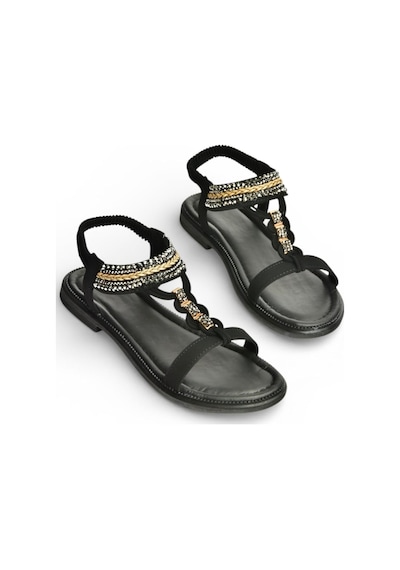 Fox Shoes Y274601309 Siyah Düz Tabanlı Taş Detaylı Kadın Sandalet Siyah