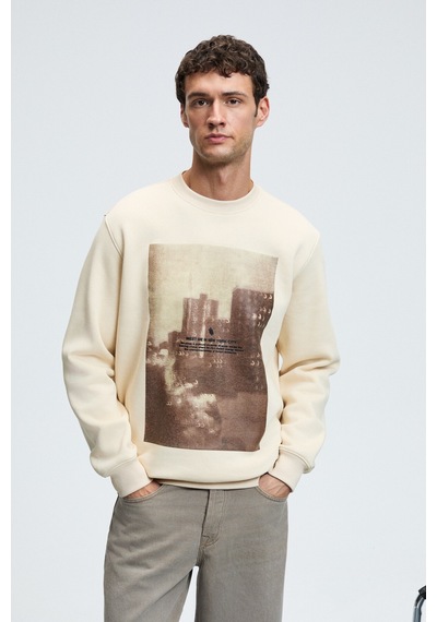 Grımelange ALARIC Erkek Yuvarlak Yaka Önü Baskılı Regular Fit Ekru Sweatshirt