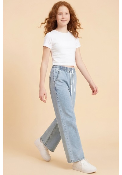 Modanino Kız Çocuk Beli Lastikli Ve Kordonlu Geniş Kesim Jean Pantolon 7-15 Yaş 12679sk Mavi
