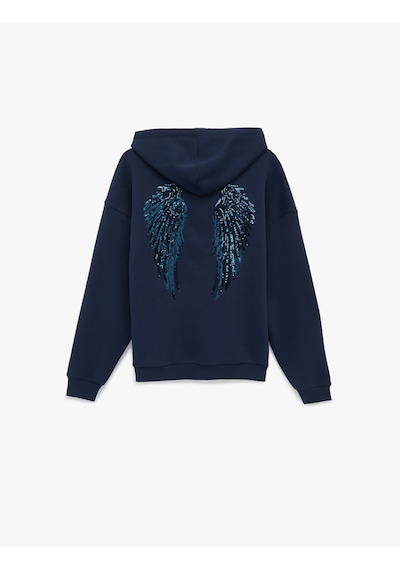 Koton Şardonlu Fermuarlı Kanguru Cepli Taşlı Baskılı Kapüşonlu Sweatshirt Lacivert 6sal10626ık Lacivert