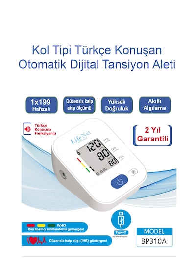 Life Net Medikal Dijital Üst Koldan Ölçer Tam Otomatik Tansiyon Aleti Renkli Ekran-bp310at